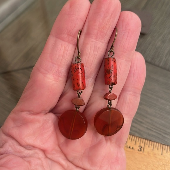 Chico’s Corva Earrings Reddish Orange Wooden & Acrylic Dangle Earrings - Picture 9 of 11